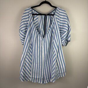 Free People Bop Around Stripe Romper XS Blue White Cotton V-Neck Boho Playsuit